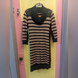Brown and black striped sweater dress with cowl neck